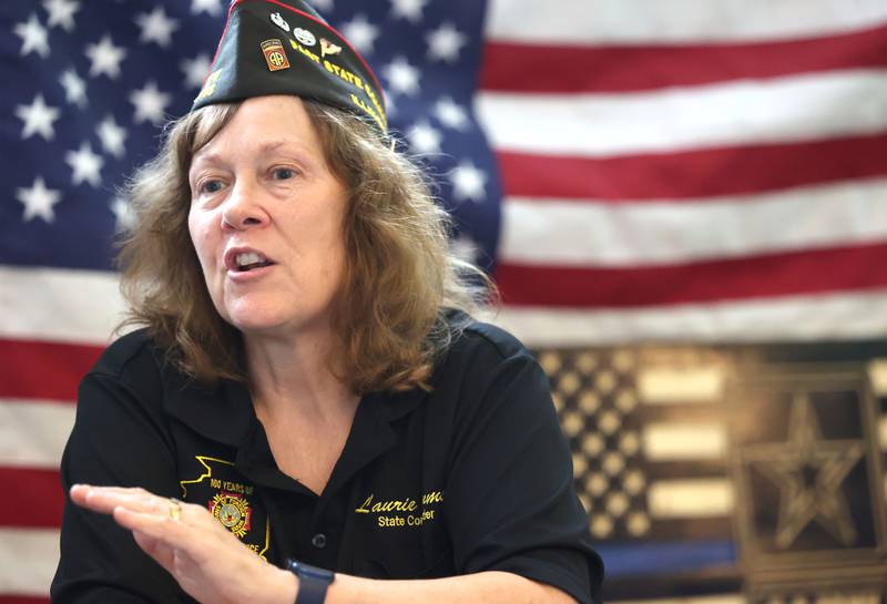 DeKalb County Board member and U.S. Army veteran Laurie Emmer, first woman to command the Illinois Veterans of Foreign Wars, talks Wednesday, Oct. 4, 2023 in the Sycamore Veterans Club about what her term as the state commander was like.
